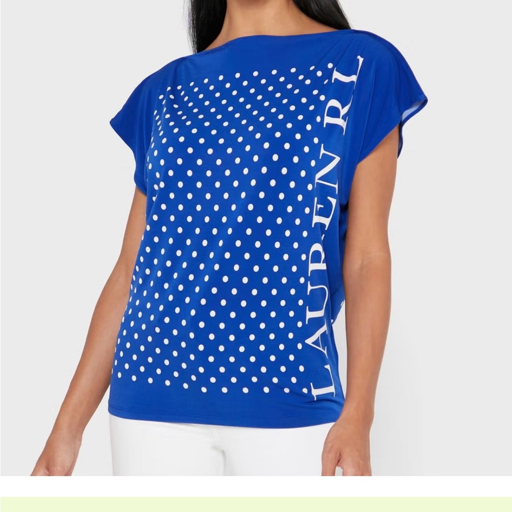 Lauren Ralph Lauren Blue White Polka-Dot Logo Blouse Size Medium